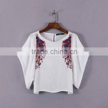 clothing manufacturer beaded t shirt with embroider chiffon shirt batwing sleeve