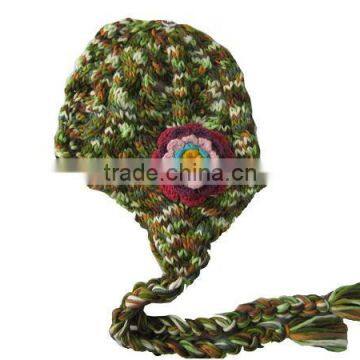 Custom roving yarn handmade earflap hat with flower and braid for teen girl