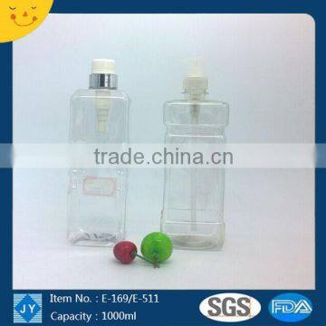 1L square shape clear PET Hand wash bottle with pump