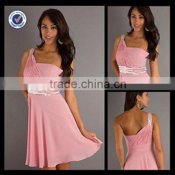 New Design Wholesale Custom Made Mini One-shoulder Elegant Pink Chiffon With Sparkly Belt Prom Dress Homecoming Dress H0067