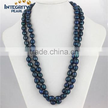 Fashion freshwater pearl necklace 11-12mm peacock blue long rice pearl necklace