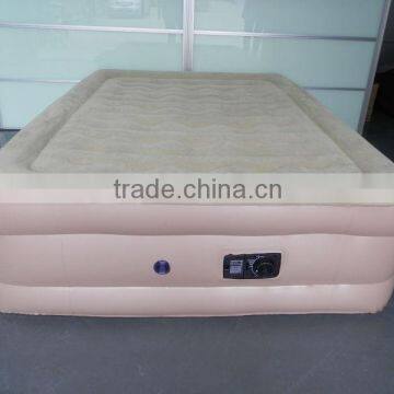 flocked inflatable double size air bed with built-in pump