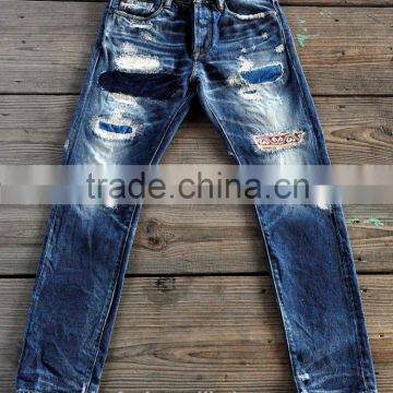 Custom High quality vintage wash distressed Japanese selvedge jeans denim selvedge denim jeans (LOTV021)