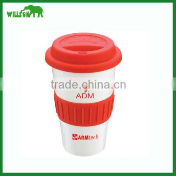 Double Walled Ceramic Mug with Silicone lid and Sleeve,Ceramic coffee cup with silicon lid