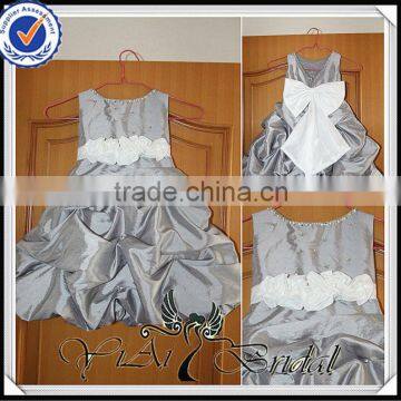 FG7 Silver Gray Taffeta White Satin Ribbons Bow Baby Girl Wedding Dress