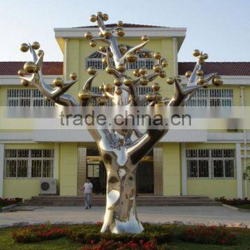 Large stainless steel metal tree sculpture with gold fruit for sale