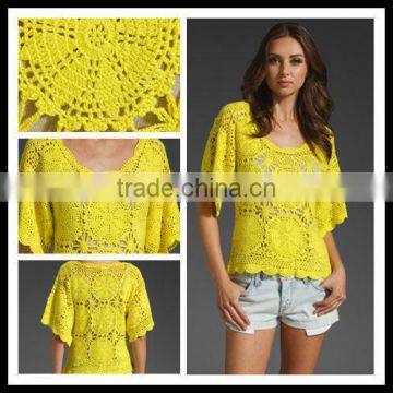 12WO004 Lemon lace shortsleeves casual woolen.