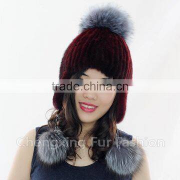 CX-C-42A Hand Knitted Mink/ Silver Fox Fur Pom Pom Hot Sale Lady Hat Wholesale photo-4