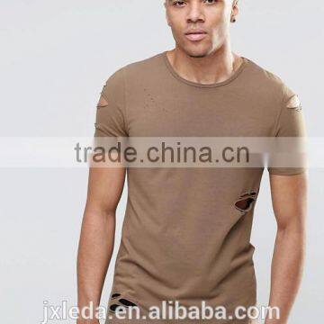 Men longline brown distressing blank slim fitted muscle t-shirt custom china manufacturers