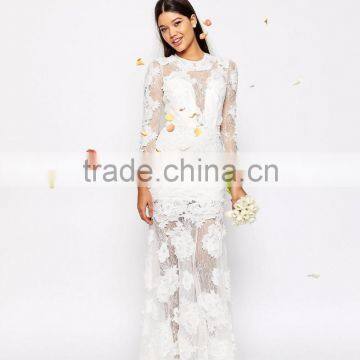 MGOO Lace 3D Floral Fishtail Maxi Dress Crew Neck Long Sleeves Embroidered Wedding Dress Bridal Grown photo-5