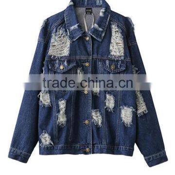 Runwaylover EY1070C 2017 Women Spring Autumn Hole Fashion Washed Denim Jackets