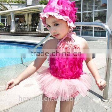 Girls Three Pieces Bikini Children Bathing Suit Kids Baby Swimwear Lace Petal Swimsuit Halter With Hat Princess Style photo-3