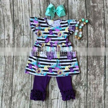 Baby girls summer clothing girls strip purple floral top clothing with purple ruffle capri pants outftis with accessories