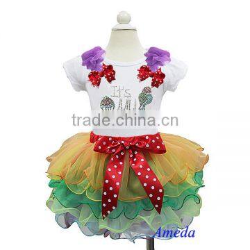 Rainbow Petal Pettiskirt with Bling Rhinestone It's My Birthday White Short Sleeves Top 1-7Y