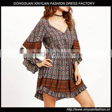 Wholesale Ladies Flare Sleeve Sexy Bohemian Dress Vintage Printed Mini Dresses For Women