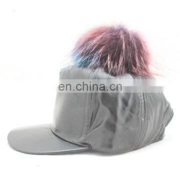 Custom Black Plain Lambskin Leather Snapback Cap With Fur Pom Pom photo-4
