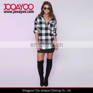 Womens Long Sleeve White and Black Plaid Hoodie Shirt Jacket