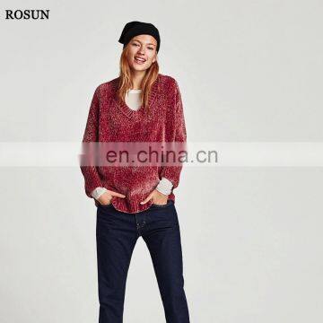 Lastest design women chenille V-neck and long sleeves oversized knit sweater