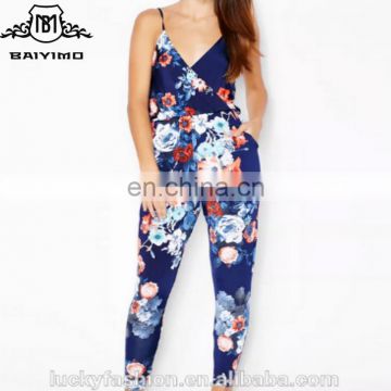 2016 BAIYIMO One Piece Good Quality Women Sexy Spaghetti Strap Printed Cotton Jumpsuit