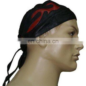 HMB-901F LEATHER SKULL CAP DURAG RED FLAME STYLE SKULLCAP BIKER HATS