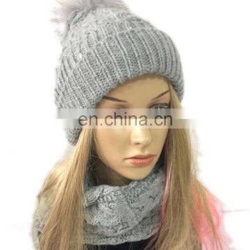 Newest women's fashion winter pur colour acrylic knitted scarf hat set with ball on hat