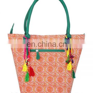 Latest Handmade Geometric Printed With Kantha Cotton Orange Shoulder Bag fashion handbags woman handbag lady handbags