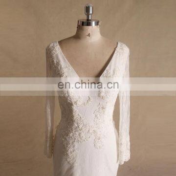 Elegant Long Sleeve V-Back Mermaid Lace Applique Wedding Dress photo-2