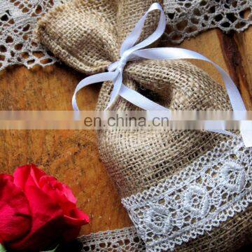 Rustic burlap with white lace candy favour gift bag for bridesmaid party