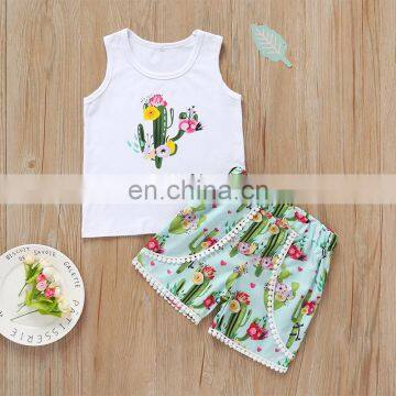 Floral pattern Top vest and cactus pattern shorts 2pcs Baby Girl summer suit direct from factory