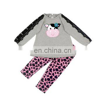 Girl Cow Embroidery Lace Top And Leggings Children's Boutique Clothes Autumn Clothing Design Designer