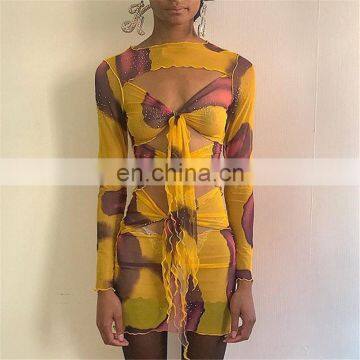 LAITE D2194 New Arrivals Fashion Hollowing Out See-through Sexy Dresses Women Long Sleeve Printed Casual Dresses photo-4