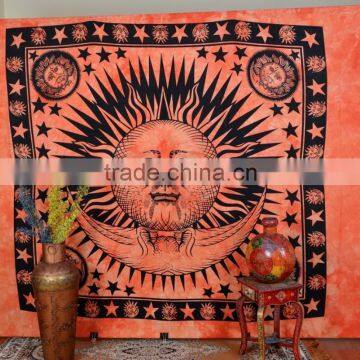 Indian Tapestry Cotton Good Morning Print Sun and Moon Vintage Wall Hanging Tapestries Throw Mandala Print Bedsheet