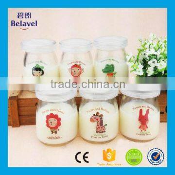 100ml glass pudding bottle with decal clear glass pudding jar with plastic lid