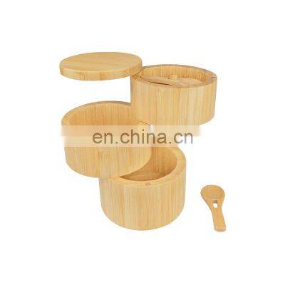 Bamboo Salt Cellar with Built-in Spoon to avoid Dust Elegant Salt box Bowl Container Holder with Swivel Magnetic Lid