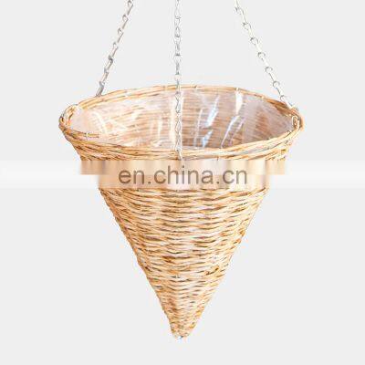 Hot Sale Cone Rattan Hanging Planter with Lining Modern Boho Wicker Straw Cover for Flower Pot Basket Vietnam Manufacturer