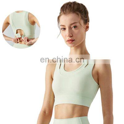 MOQ 1 Custom Logo Back Hook Shockproof Sports Yoga Bra Adjustable Hollow Out Training Wear Fitness Running Bra Top