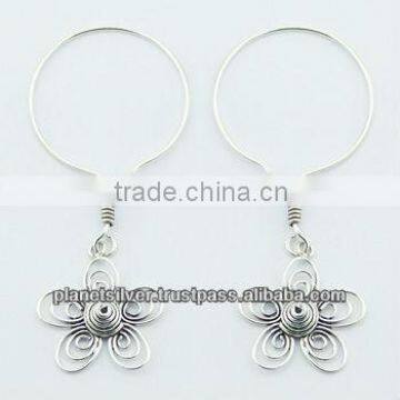 Handcrafted Sterling Silver Bali Flower Earrings On Hoop Wire