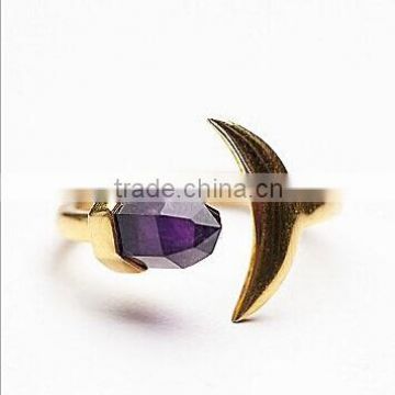 Natural amethyst with gold moon tiny natural stone ring for Valentine's day New year