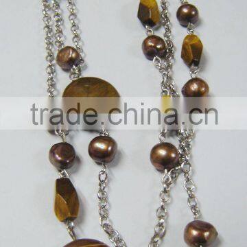 Charm necklace tiger eye with pearl beads necklace jewelry