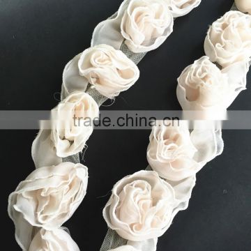 vintage fancy chiffon rose trimmings,ruffle lace trim for dress decoration