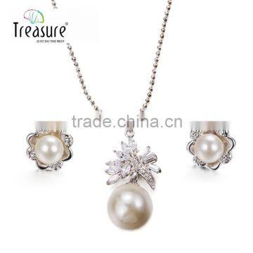 Unique jewelry pretty zircon flower and pearl pendant necklace and earring wedding jewellry set