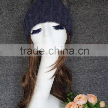 New Arrival Blue Knitted Hat Wool Feel Strip Knitted Hat With Raccoon Fur Pompoms