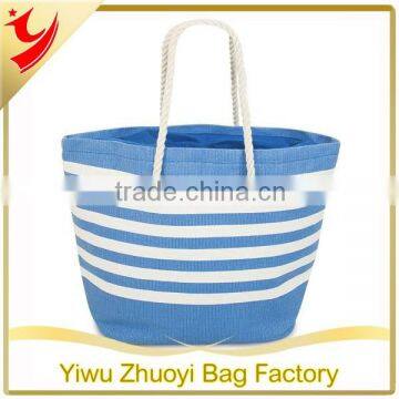 Blue and White Canvas Striped Beach Tote Bag with Rope Handles