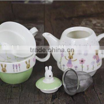 Zakka Creative Cartoon Rabbit Couples Coffee Kettele and Mugs Ceramic Three-piece Tea Set With Stainless Steel Filter photo-5