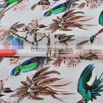 Parrot Bird Branch Leaf Printed Silk Linen Blend Fabric photo-5