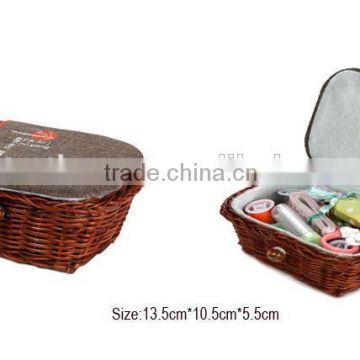 home sewing kits in rattan basket with linen fabric cover