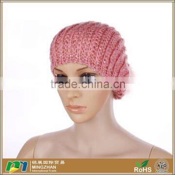 Womens Girls Pink Warm Crochet Knit Winter Beanie Hat