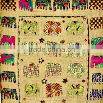 Elephant Patchwork Hand Applique work kantha embroidery Kid's Bed cover bedspread Tapestry