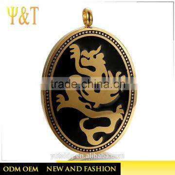 Fashion stainless steel jewelry gold plated dragon pendant, black enamel chinese dragon pendant