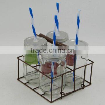 4pcs Glass Mason Jars with metal straw lid and iron shelf wholesale